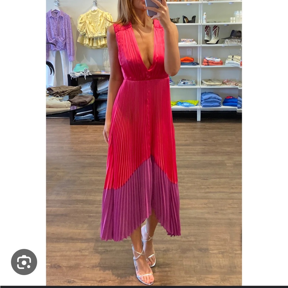 $598 Amur Amelia Pleated Midi Dress in Rosie Grape